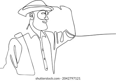 Continuous one line drawing portrait old happy farmer in the hat standing in the golden field   smiling the sky  Vector illustration  Minimal outline concept