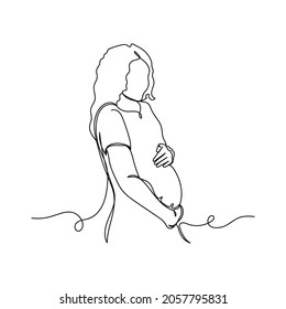 Continuous one line drawing of portrait of beautiful pregnant woman in silhouette on a white background. Linear stylized.