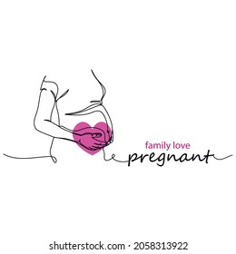 Continuous one line drawing of portrait of beautiful pretty pregnant woman hands family love in silhouette on a white background. Linear stylized.