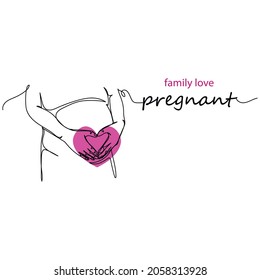 Continuous one line drawing of portrait of beautiful pretty pregnant woman hands heart in silhouette on a white background. Linear stylized.
