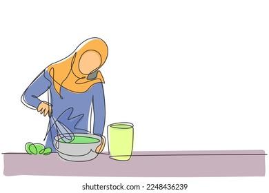Continuous one line drawing portrait of young Arabian handsome male drinking orange juice from plastic cup. Make him refreshing in summer season. Single line draw design vector graphic illustration