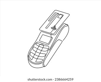 Continuous one line drawing of POS payment terminal with gprs and credit card on a white background. Linear stylized.