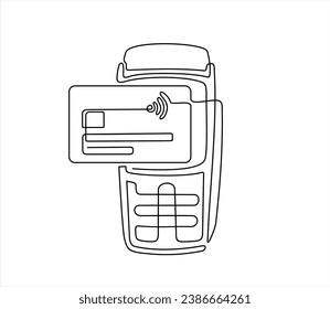 Continuous one line drawing of POS payment terminal with gprs and credit card on a white background. Linear stylized.