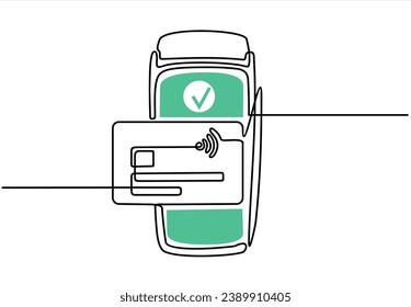 Continuous one line drawing of POS payment terminal with gprs and credit card on a white background. Linear stylized.	