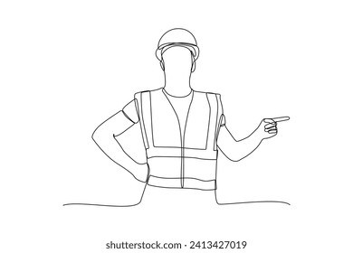 Continuous one line drawing posing with his attributes. Construction worker in uniform and helmet doing work. Builder concept. Repair work services. Single line draw design.