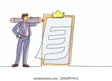 Continuous one line drawing positive businessman with giant pencil on shoulder nearby marked checklist clipboard paper. Successful completion of business tasks. Single line design vector illustration