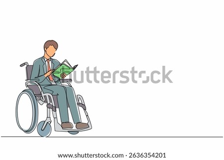 Continuous one line drawing positive student disabled reads book while sitting in wheelchair. Injured guy studying in college. Rehabilitation of disabled people. Single line draw design vector