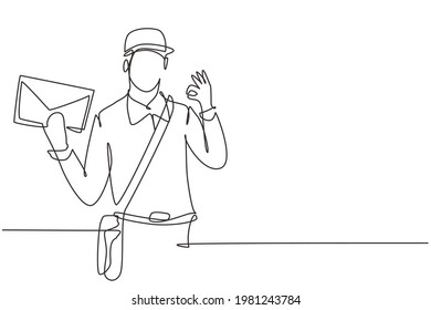 Continuous one line drawing postman wearing hat, sling bag, and uniform with gesture okay holds envelope to delivered to home address. Success job. Single line draw design vector graphic illustration