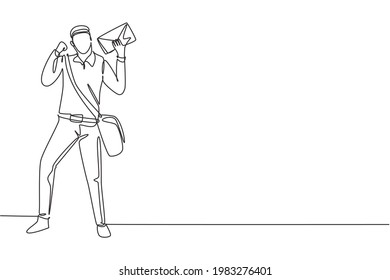 Continuous one line drawing postman standing with celebrate gesture, wearing uniform, bag, and holding envelope delivering mail to home address. Single line draw design vector graphic illustration