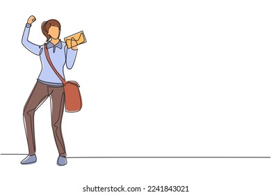 Continuous one line drawing postwoman standing with celebrate gesture, wearing uniform, bag, and holding envelope delivering mail to home address. Single line draw design vector graphic illustration