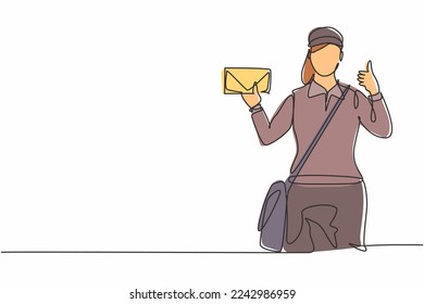 Continuous one line drawing postwoman wearing a hat and uniform with a thumbs-up gesture holds the envelope to work for delivery to homes. Single line draw design vector graphic illustration