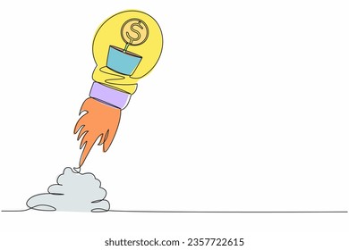 Continuous one line drawing pot of dollar coin plant launching with light bulb. Business profit investment, finance education, earning income development. Single line draw design vector illustration