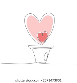 Continuous one line drawing of a pot with two hearts, symbolizing love and growth. Simple yet meaningful, it conveys warmth and affection, perfect for romantic or nurturing themes. Vector Editable 