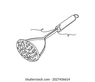 Dibujo continuo de una línea del icono del masher de papa en la silueta sobre un fondo blanco. Linear estilizado.