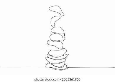 Continuous one line drawing potato chips scattered from above. Like flying, an interesting way to serve potato chips. Crunchy. National Potato Chip Day. Single line draw design vector illustration