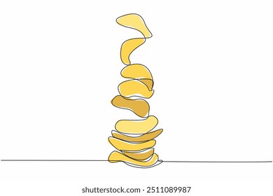 Continuous one line drawing potato chips scattered from above. Like flying, an interesting way to serve potato chips. Crunchy. National Potato Chip Day. Single line draw design vector illustration