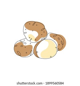 Continuous one line drawing. Potatoes Vegetable. Vector illustration. Minimal abstract art. Black linear art on white background with colorful spots. Isolated elements