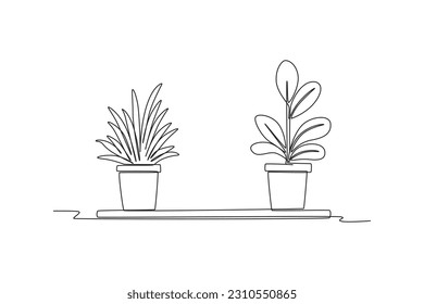 Continuous one line drawing potted plants for the interior. Interior concept. Single line draw design vector graphic illustration.