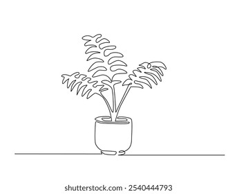 Continuous one line drawing of potted palm plant. Palm houseplant in single line draw vector illustration. Editable vector. 
