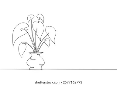 Continuous one line drawing of a potted plant. Minimalist design, simplicity and natural beauty, perfect for interior decor, art concepts, or eco-themed projects, Vector illustration, Editable stroke