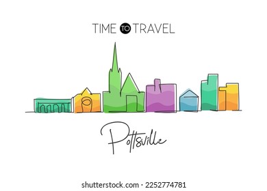 Continuous one line drawing Pottsville city skyline, Pennsylvania. Beautiful landmark. World landscape tourism travel wall decor poster print art. Stylish single line draw design vector illustration