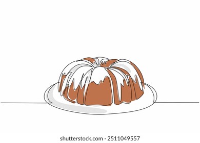 Continuous one line drawing pound cake vanilla cream topping on a cake plate. A freshly baked dessert. Ready to cut and serve. National Pound Cake Day. Single line draw design vector illustration