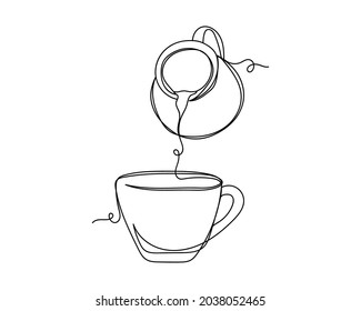 Durchlaufendes Zeichnen einer Zeile Milch oder Sahne in Kaffee oder Teebecher in Silhouette auf weißem Hintergrund. Linear stilisiert.
