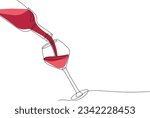 Continuous one line drawing of pouring wine from bottle into glass. Single line drawing of bottle with alcohol. Line art style for wine tasting event, restaurant menu, poster, banner. Sketch doodle