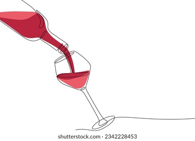 Continuous one line drawing of pouring wine from bottle into glass. Single line drawing of bottle with alcohol. Line art style for wine tasting event, restaurant menu, poster, banner. Sketch doodle