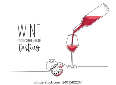 Continuous one line drawing of pouring wine from bottle into glass with pomegranate. Single line drawing of bottle with alcohol. Line art style for wine tasting event, restaurant menu. Sketch doodle