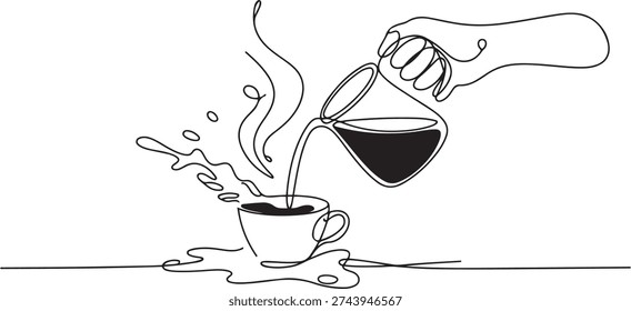 Continuous one line drawing pouring cup of black coffee creating splash. Coffee spilling out of cup. Pour coffee into porcelain glass with steam cup. one line Icon drawing
