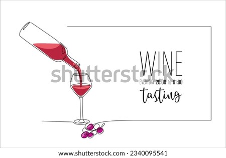 Continuous one line drawing of pouring wine from bottle into glass. Single line drawing of bottle with alcohol with place for text Lineart style for wine tasting event, restaurant menu, poster, banner