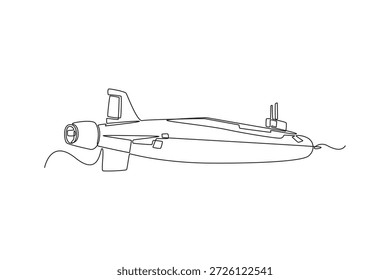 Continuous one line drawing powerful naval military submarine vessel navigating underwater. Periscope structure for stealthy ocean reconnaissance. Single line draw design vector graphic illustration