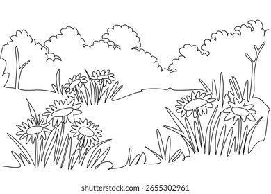 Continua una línea dibujando praderas con flores y árboles. Una vasta extensión de pastizales en el centro de la ciudad. Día Nacional de las Praderas. Ilustración vectorial de diseño de dibujo de línea única