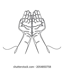 Continuous one line drawing of prayer hands in silhouette on a white background. Linear stylized.