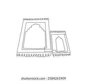 Continuous one line drawing of prayer rugs. Single line drawing illustration of holy islamic prayer rugs. Ramadan kareem concept vector art. Doodle line illustration.
