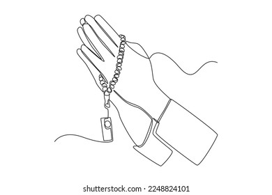 Continuous one line drawing Praying hands with prayer beads. Ramadan Concept. Single line draw design vector graphic illustration.