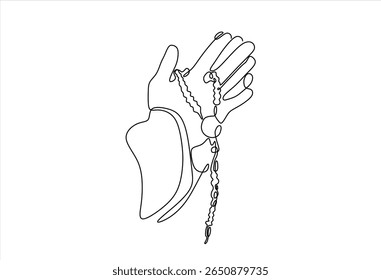 Uma linha contínua desenhando mãos de oração com contas de oração. Conceito do Ramadã. Design de desenho de linha única. Vetor de uma linha desenhado à mão. Traçado editável	