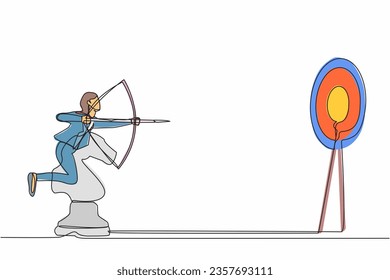 Continuous one line drawing precise businesswoman holding archery and aiming target while riding horse chess piece. Strategic move for winning competition. Single line draw design vector illustration