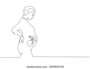 Continuous one line drawing of pregnant woman with babies in the womb. Embryo in belly. Maternity and pregnancy concept.  Medical emblem for pregnancy center.Vector illustration