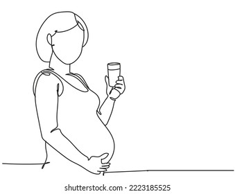 Continuous one line drawing of pregnant woman, Happy young mom eat nutritious food for baby, Hand drawn single line vector illustration