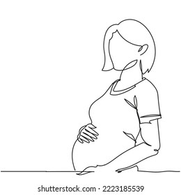 Continuous one line drawing of pregnant woman, Hand drawn single line of mother. Happy young mom is holding her pregnant belly. Happy Woman's Day. Character women with pregnancy