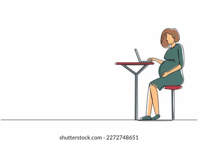 Continuous one line drawing pregnant woman sitting in cafe and using laptop. Freelance work concept. Side view. Theme of working as freelancer during pregnancy. Single line draw design vector graphic