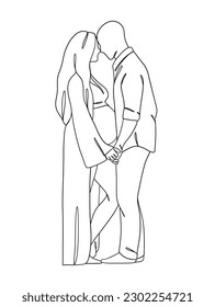 Dibujo continuo de una línea de la mujer embarazada con su marido. Ilustración vectorial.