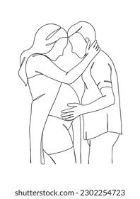 Continuous one line drawing of pregnant woman with husband. Vector illustration.