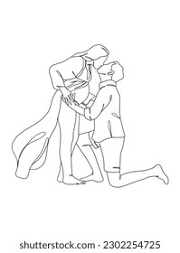 Dibujo continuo de una línea de la mujer embarazada con su marido. Ilustración vectorial.