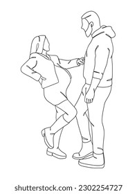 Continuous one line drawing of pregnant woman with husband. Vector illustration.