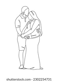Continuous one line drawing of pregnant woman with husband. Vector illustration.