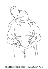 Continuous one line drawing of pregnant woman with husband. Vector illustration.