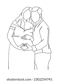 Continuous one line drawing of pregnant woman with husband. Vector illustration.